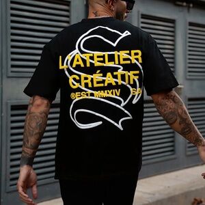 Black Graphic T-Shirt with Yellow and White Accents